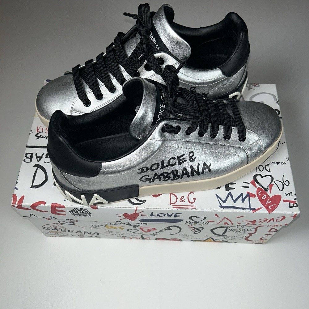 Dolce Gabbana Portofino Silver Leather Sneakers Men 9 EU 42 Made in Italy